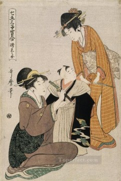  Dressing Oil Painting - dressing a boy on the occasion of his first letting his hair grow Kitagawa Utamaro Japanese